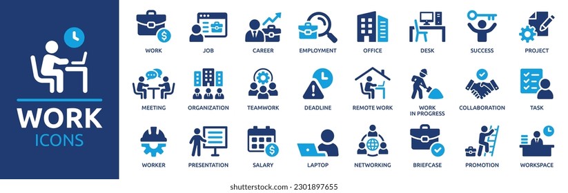 Work icon set. Containing job, career, employment, meeting, organization, teamwork and networking icons. Solid icon collection. Vector illustration.