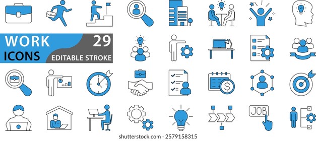 Work icon set. Containing job, career, employment, meeting, organization, teamwork and networking icons. Set icon collection. Vector illustration.