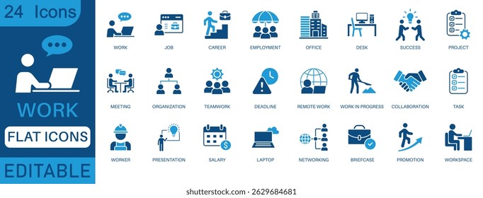 Conjunto de iconos de trabajo. Contiene iconos de trabajo, carrera, empleo, reuniones, organización, trabajo en equipo y redes. colección perfecta de iconos planos.
