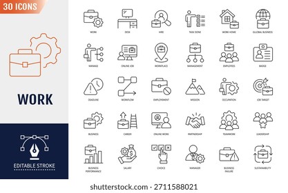 Symbol für Arbeit. Mit Job, Arbeit, Mitarbeiter, Projekt, Teamarbeit, Beschäftigung, Besprechung, Termin und mehr. Vektorgrafik