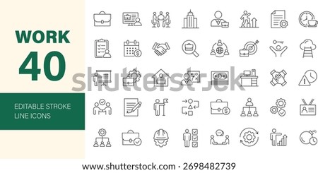 Work icon set. Containing job, office,, career, employment, meeting, organization, teamwork, networking and more. Editable line icons. Vector illustration.