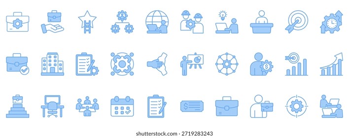 Work Icon Set. Enthält Symbole, die für das Unternehmen relevant sind. Konzipiert in Vektor linear blau Stil