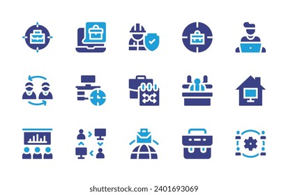 Work icon set. Duotone color. Vector illustration. Containing worker, work, international, online work, working at home, working hours, work in progress, working together, exchange, multitasking.