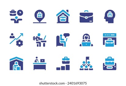 Juego de iconos de trabajo. Color de duotona. Ilustración vectorial. Conteniendo maleta, equilibrio, trabajo en casa, desafío, objetivo, trabajo desde casa, trabajo, trabajo a distancia, trabajo, negocios, oficina, móvil.