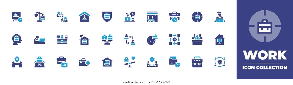 Juego de iconos de trabajo. Color de duotona. Ilustración vectorial. Conteniendo equilibrio, escudo, trabajo, tiempo de trabajo, trabajo en casa, tiempo, tiempo de trabajo, trabajo, horas de trabajo, trabajo conjunto, trabajo duro, escritorio.