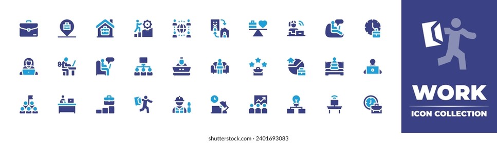 Juego de iconos de trabajo. Color de duotona. Ilustración vectorial. Conteniendo maleta, desafío, equilibrio, tiempo, trabajo en casa, trabajo, calidad, autónomo, gol, ocupado, entrenamiento, trabajo, trabajo desde casa, trabajo híbrido.