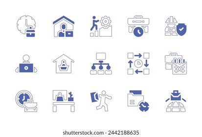 Work icon set. Duotone style line stroke and bold. Vector illustration. Containing challenge, time, worker, work from home, working, work, freelancer, house, timeline, busy, job, international. 