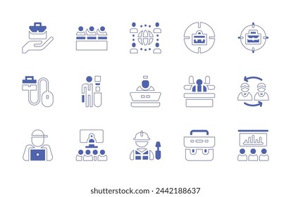 Conjunto de iconos de trabajo. Trazo de línea de estilo duotono y negrita. Ilustración vectorial. Conteniendo trabajo remoto, trabajo, trabajo, intercambio, herramientas, multitarea, ingeniero, en línea, presentación, videoconferencia.