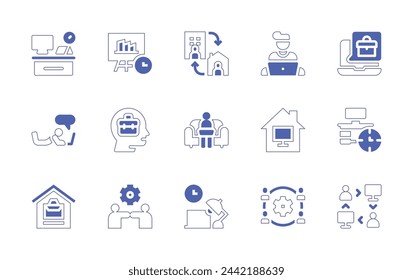 Work icon set. Duotone style line stroke and bold. Vector illustration. Containing hybrid, space, online work, working time, working at home, working hours, work, work from home.