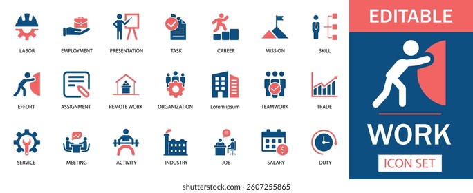 Work Icon Set
Featuring labor, employment, teamwork, remote work, job, career, salary, and more. Perfect for business, HR, apps, and infographics. Professional, versatile, and editable.