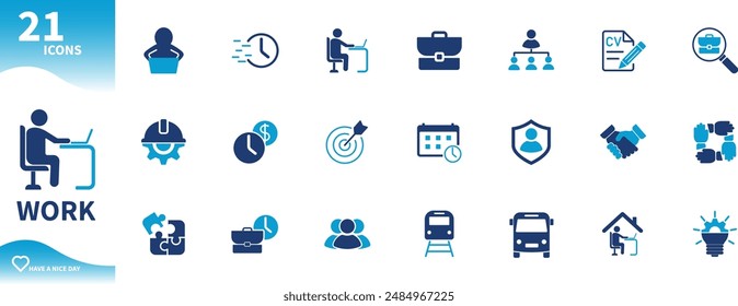 Work icon. Set of icons for teamwork, working from home, writing a CV, shaking hands, doing business. Solid vector icons collection.