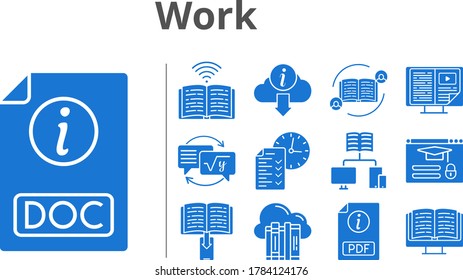 work icon set. included cloud, feedback, pdf, e-book, test, homework, book, doc, information, login icons. filled styles.