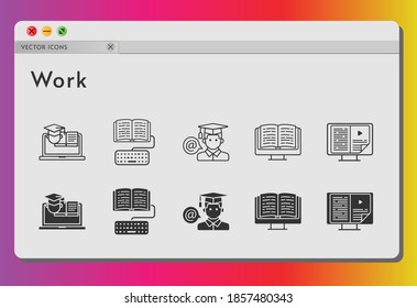 work icon set. included ebook, homework, student, training icons on white background. linear, filled styles.