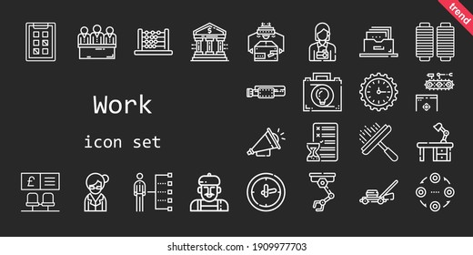 conjunto de iconos de trabajo. estilo de icono de línea. iconos relacionados con el trabajo como transportador, artista, cinturón, maletín, bibliotecario, cortadora de césped, reloj de pared, reloj, hilo, archivador, estructura, habilidades, planificación, candidatos