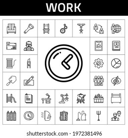 work icon set. line icon style. work related icons such as easel, artist, vacuum cleaner, shovel, bottle opener, cutter, employee, candidate, receptionist, pencils, tasks