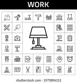 work icon set. line icon style. work related icons such as shovel, vacuum cleaner, traffic barrier, office, employee, laptop, clipboard, router, bank, shears, sharpener, industrial robot
