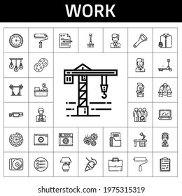 work icon set. line icon style. work related icons such as sponge, bottle opener, wall clock, barbell, laptop, employee, clipboard, file, helmet, working, photographer, web development