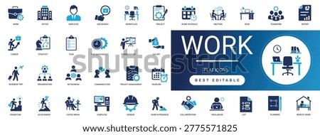 work icon set. office, business, employee, employment, teamwork, organization, networking, career, productivity, management, meeting, task, skill. editable solid vector illustration pack.