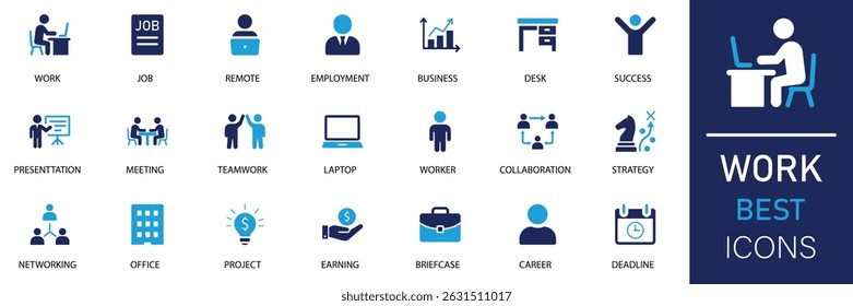 Conjunto de ícones de trabalho. Essa coleção mínima inclui ícones para carreira, trabalho, trabalho em equipe, mesa, projeto, trabalho remoto, escritório, funcionário, laptop, reunião e sucesso.
