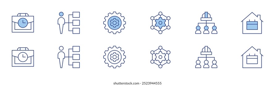 Ícone de trabalho definido em dois estilos, Duotônico e Linha fina. AVC editável. terceirização, horas de trabalho, equipe de trabalho, trabalhar em casa, atribuição, equipamento.