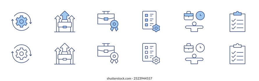 Work icon set in two styles, Duotone and Thin Line style. Editable stroke. evaluation, balance, checklist, arrows, job promotion, briefcase.