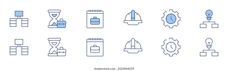 Work icon set in two styles, Duotone and Thin Line style. Editable stroke. helmet, time management, desk, workflow, hourglass, work.