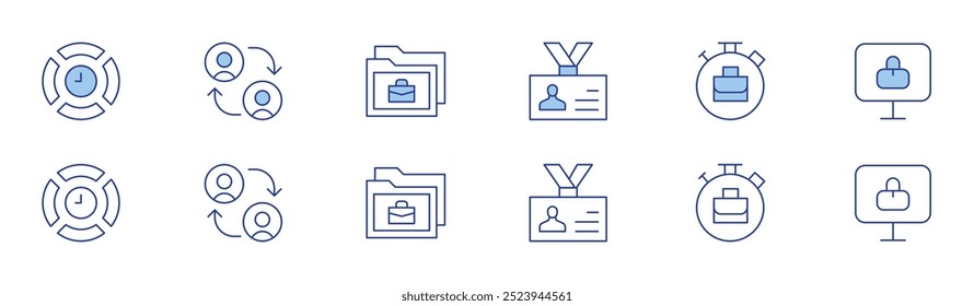 Work icon set in two styles, Duotone and Thin Line style. Editable stroke. time management, id card, collaborate, telecommuting, work, remote working.