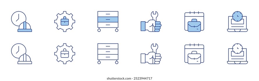 Ícone de trabalho definido em dois estilos, Duotônico e Linha fina. Curso editável. horas de trabalho, chave inglesa, pasta, trabalho, tempo de trabalho, estação de trabalho.