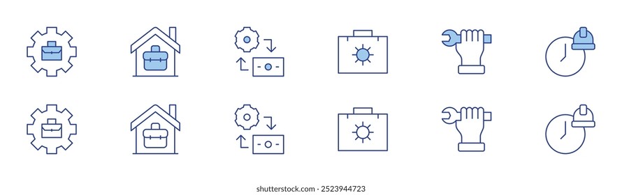 Work icon set in two styles, Duotone and Thin Line style. Editable stroke. work in progress, wrench, working hours, working, work from home, exchange.