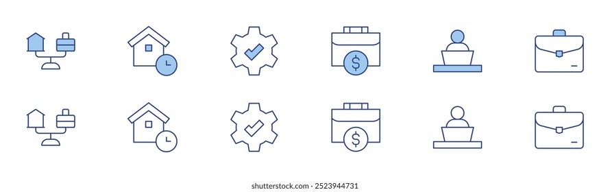 Ícone de trabalho definido em dois estilos, Duotônico e Linha fina. Jogada editável. portfólio, trabalho em casa, equilíbrio, mala, trabalho, cheque.