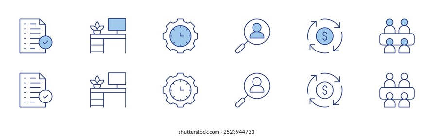 Work icon set in two styles, Duotone and Thin Line style. Editable stroke. result, work space, time management, recruitment, circular economy, meeting.