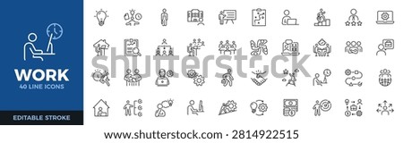 Work icon set. Workplace, business management, productivity, career and teamwork thin line icons. Editable stroke vector illustrations.