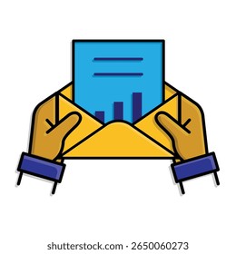 Work icon. Shared docs in hand. Two hands holding shared envelope document. collaboration, online, remote. Isometric design style
