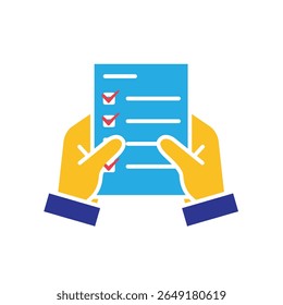 Work icon. Shared docs verification. Two hands holding shared document with check mark. collaboration, online, remote. Flat design style