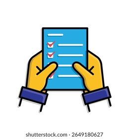 Work icon. Shared docs verification. Two hands holding shared document with check mark. collaboration, online, remote. Isometric design style