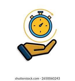 Ícone Trabalho. Rastreador de tempo na mão. Relógio de contador com barra de progresso circular. colaboração, online, remoto. estilo de design isométrico