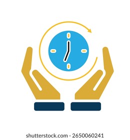 Work icon. Time tracker in two hand. clock with circular progress bar. collaboration, online, remote. Flat design style