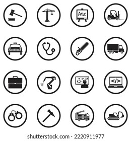 Work Icons. Black Flat Design In Circle. Vector Illustration.