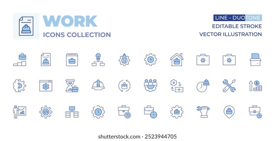 Work icons collection. Line Duotone style, editable stroke. helmet, wrench, working hours, briefcase, job, work, working, exchange, time management, desk, settings, hourglass, work in progress, report