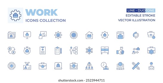 Coleção de ícones de trabalho. Linha Duotone estilo, curso editável. terceirização, trabalhar em casa, atribuição, engrenagem, palestra, teste, configurações, trabalho, colaborar, telecomutação, trabalho remoto.