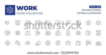 Work icons collection. Thin Line icons, editable stroke. outsourcing, money, dismiss, gear, helmet, work, report, settings, time management, id card, test, telecommuting, briefcase.