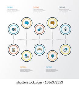 Work icons colored line set with privacy, faq, briefcase and other support elements. Isolated vector illustration work icons.