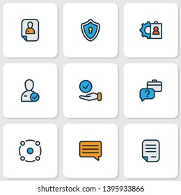 Work icons colored line set with contract, faq, privacy and other chat elements. Isolated vector illustration work icons.