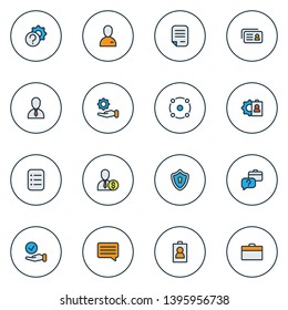 Work icons colored line set with identity card, sharing, selection and other wealth elements. Isolated vector illustration work icons.