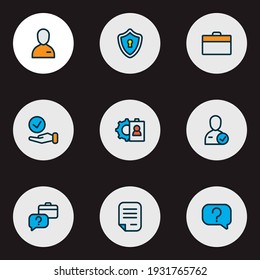 Work icons colored line set with choice, privacy, question and other safety elements. Isolated vector illustration work icons.