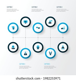 Work icons colored set with hand money, office plant, creative person award elements. Isolated vector illustration work icons.