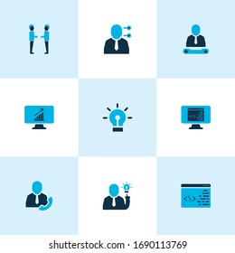 Work icons colored set with idea, call employee, computer analytics and other economy elements. Isolated vector illustration work icons.