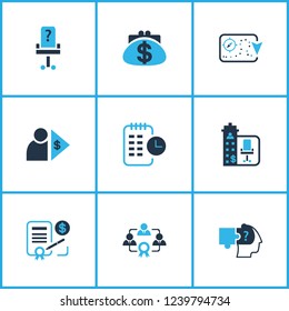 Work icons colored set with investor, business strategy, problem solving and other creativity elements. Isolated vector illustration work icons.