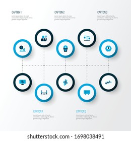 Work icons colored set with planning board, team honeycomb, profit and other discussion elements. Isolated vector illustration work icons.