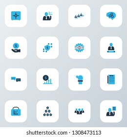 Work icons colored set with profit, gear, group and other financial elements. Isolated vector illustration work icons.
